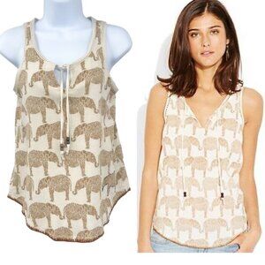 Lucky Brand Embroidered Elephant Print Tank Top Boho Tan Bead Tie Shirt XS